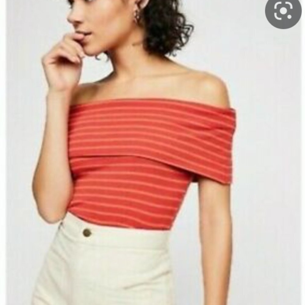 We the Free Melbourne Red & Orange Stripe Off the Shoulder Ribbed Curve Hem Top
